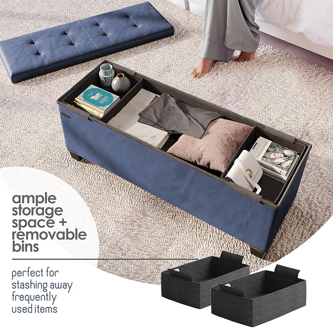 Storage Ottoman Bench with Bins, 43-in Storage Bench for Bedroom End of Bed, Folding Foot Rest Ottoman for Living Room Max 660lbs, Faux Leather Ottomans, Blue