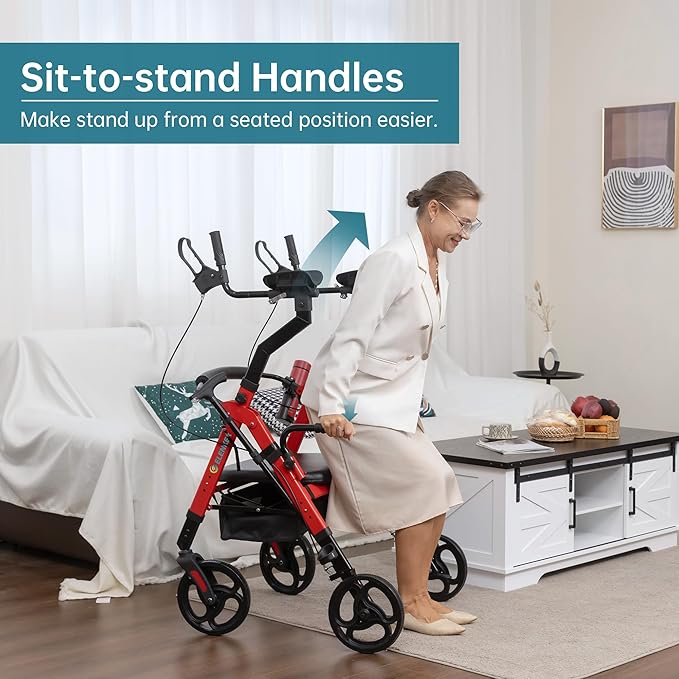 ELENKER Heavy Duty Upright Walker with Extra Wide Padded Seat and Backrest, Aluminum Bariatric Stand Up Rolling Walker, 10” Wheels, Fully Adjustment Frame, Support up to 500 lbs for Seniors, Red