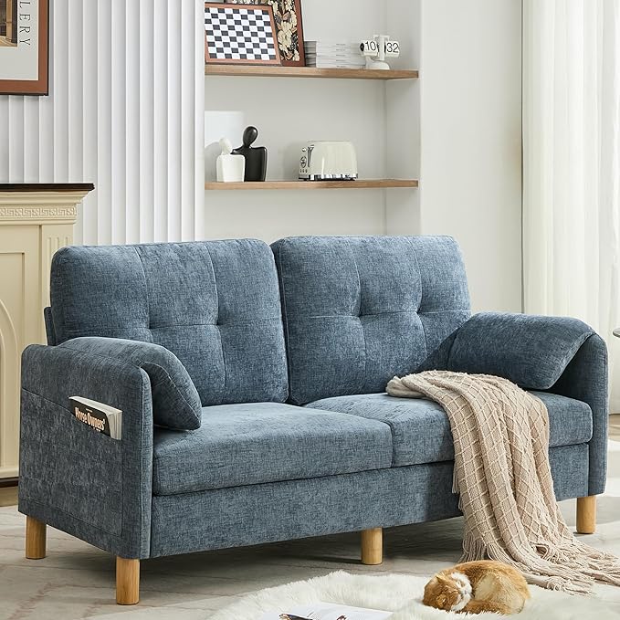 WUTUTUEE 65" Chenille Loveseat Sofa, Modern 2-Seater Love Seat Couch with Armrest Pillows, Storage Pockets, Easy Assembly, Upholstered Tufted Loveseat Sofa Couches for Living Room Bedroom, Blue