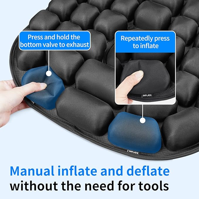 Airplane Seat Cushion - INFLATE/Deflate Built in Pump Inflatable Pad for Office Chairs, Wheelchairs, Car Seats & Outdoor Cushions 17.7x15.7 inches (Black)