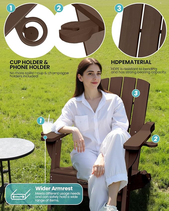 Folding Adirondack Chair 4 Pack, HDPE All-Weather Fire Pit Chairs, Plastic Adirondack Chairs with 2 Cup Holder, Outdoor Lawn Chair for Patio Garden (Brown)