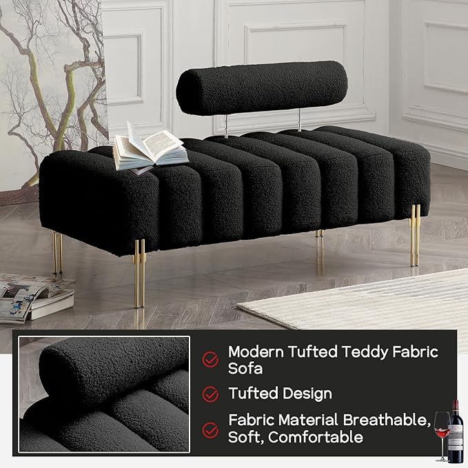 NIOIIKIT 53.2" Modern Loveseat Sofa Couch, Upholstered Accent Sofa with Golden Legs and Adjustable Backrest, Small Teddy Fleece Couches for Bedroom, Living Room, Compact Small Space (Black)