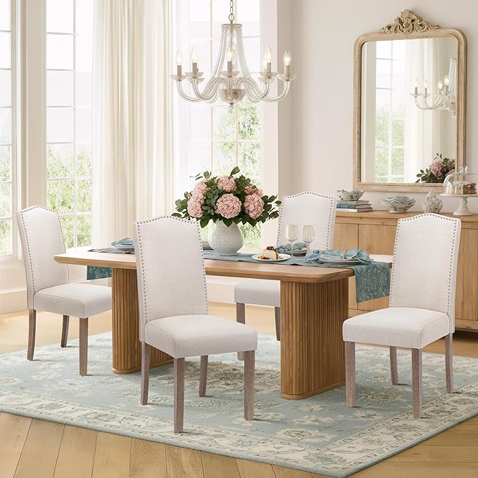 SNUGWAY Upholstered Dining Chair Stylish Parsons Kitchen High Back with Silver Nailhead Trim & Wood Legs, 4-Pack, Fabric Beige