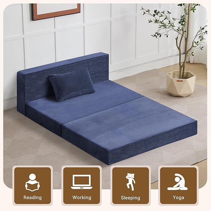 Folding Sofa Bed Convertible Floor Couch Foldable Chair Bed with Pillow，Linen Sleeper Chair Futon,Foldable Memory Foam Mattress for Bedroom/Living Room/Dorm/Office (Corduroy Navy, Standard)