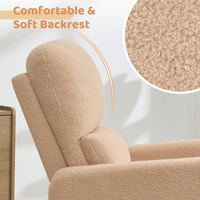AEMEIOS Power Swivel Rocker Recliner, Oversized Boucle Electric Recliner Chair, Swivel Glider Nursery Reclienr with Removable Cushion, Upholstered Recling Chair for Living Room Bedroom, Teddy Camel