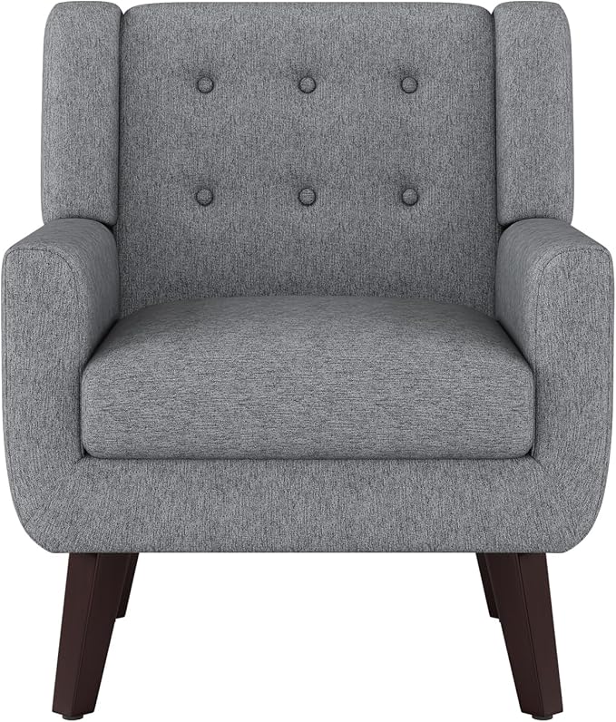 Accent Chairs Set of 2, Mid-Century Modern Upholstered Living Room Armchair, Comfy Oversized Linen Fabric Single Reading Arm Chair with Tufted Back and Wood Legs for Bedroom, Club (2, Grey)