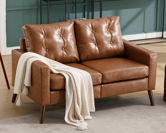 VESCASA 53" W Faux Leather Loveseat Sofa with Button Tufted Back, Mid Century Modern Upholstered 2 Seater Small Sofa Couch with Wood Legs, PU Leather Love Seats for Living Room/Bedroom, Caramel