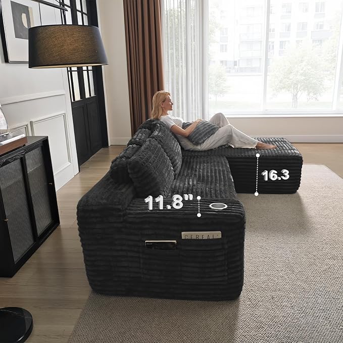 Cloud Sectional Couch with L-Shape Chaise, Modern Modular Sofa with Deep Seat, Built-in Cup Holder & Storage Pocket for Living Room Bedroom, No Assembly Required (Black Grey, Right Sitting Chaise)