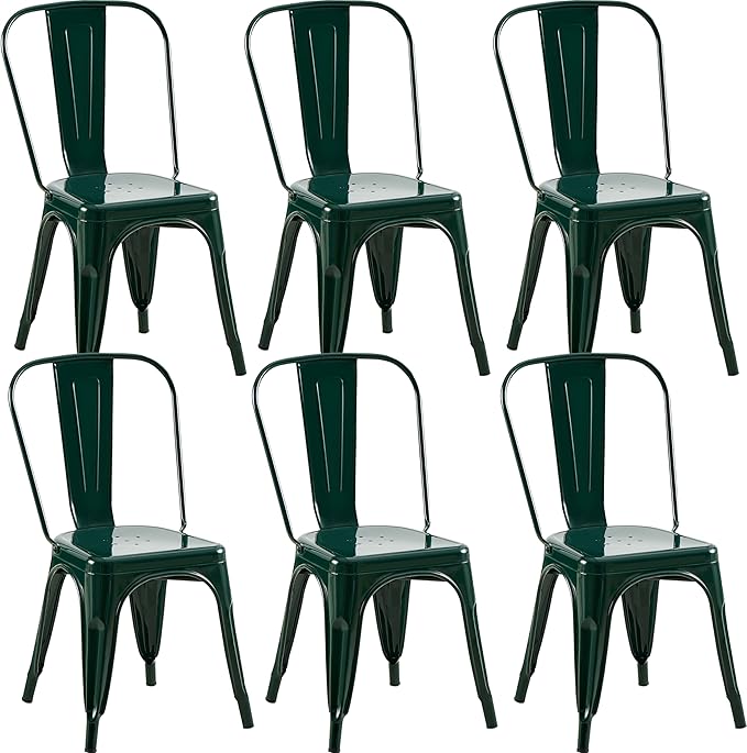 Metal Dining Chairs Set of 6 - Stackable Tolix Chair Indoor/Outdoor for Kitchen, Cafe,Restaurant, Bistro & Patio Multiple Colors(Dark Green)