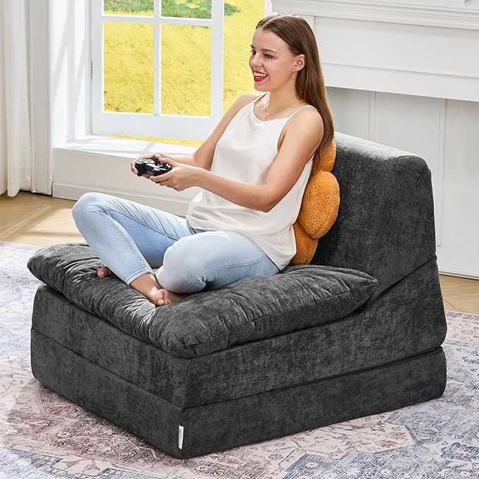 Hobestluk Sofa Couch Folding Sofa Bed Comfy Floor Lounger Convertible Sofa with Removable Cushion Couches for Small Spaces Foldable Mattress for Living Room Bedroom or Office (Chenille Grey, Large)