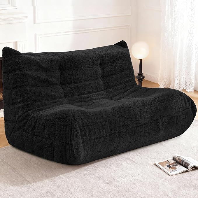 Bean Bag Loveseat Chair Big Sofa Beanbag Chair for Adults Fireside Chair Bean Bag Lounger with Memory Foam Filled for Home,Apartment or Gaming Venue（Black Teddy）