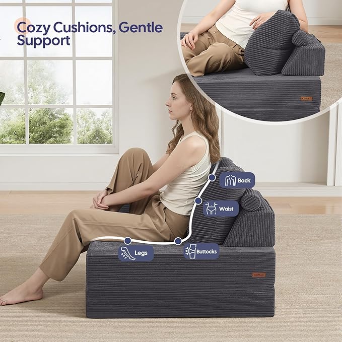 COMAX Folding Sofa Bed, Foldable Couch for Bedroom, Corduroy Convertible Floor Sleeper Futon Chair Foam, 3 in 1 Fold Out Chair Portable Comfy Lounge Couch Single Sofa Bed for Small Space Guest Room