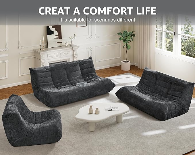 Bean Bag Chairs for Adults Giant Bean Bag Chair Memory Foam BeanBag Chair Bean Bag Sofa with Filler Faux Fur Fireside Beanbags Lazy Sofa for Living Room Bedroom Office (Darkgrey Chenille, Loveseat)