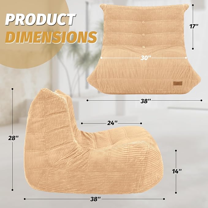 Bean Bag Chair,Giant Beanbag Chairs for Adults,Comfy Large Fireside Chair Lazy Sofa,Corduroy Bean Bag Lounger with Memory Foam Filled,Floor Sofa Couch for Home,Dorm,Living Room (Khaki)