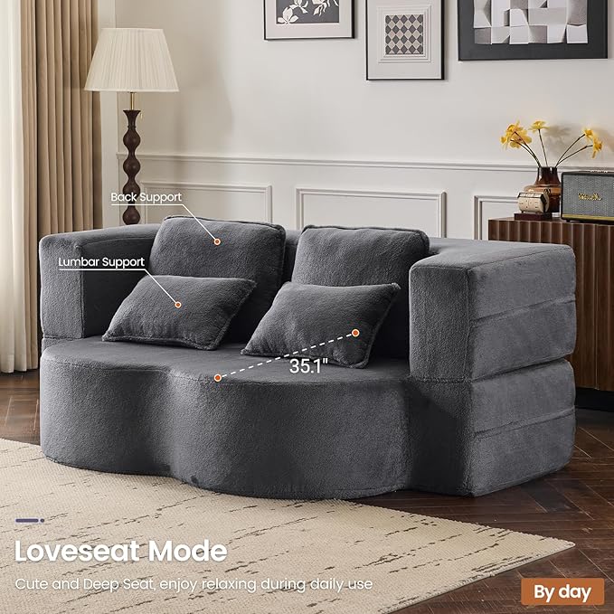 Orynveela Convertible Folding Sofa Bed, 78” Full Size Floor Sleeper Couch, Chenille Full Foam Futon Loveseat for Living Room Bedroom, No Assembly Required (Grey)