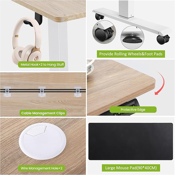farexon Electric Standing Desk Adjustable Height, 63x24 Inches Computer Desk with Rolling Wheels, Mouse Pad,Multifunctional Stand up Desk for Home/Office(Oak Gray)