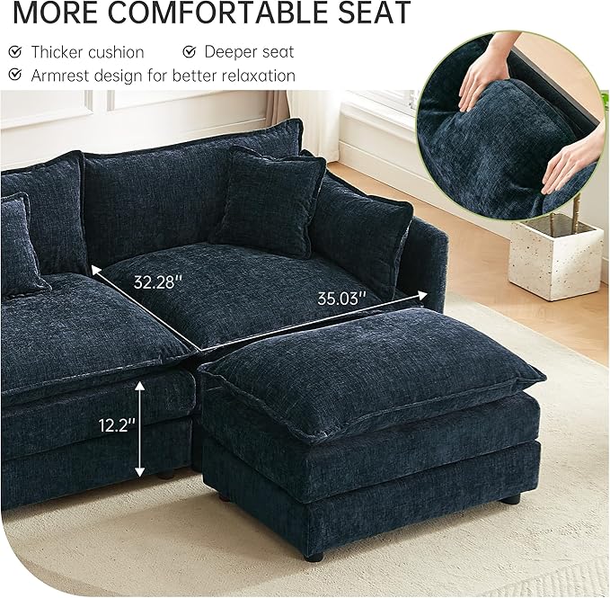 saows Modular Sectional Sofa, 112.2 Inch Rectangle Shaped Couch Set with Armrests, 3-Seater Comfy Cloud Couches for Living Room Apartment, Blue