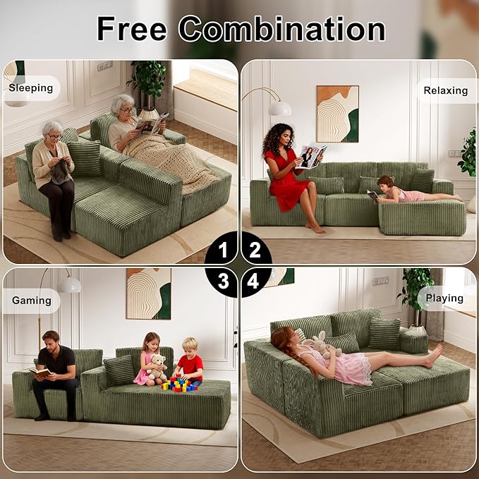 Modular Sectional Sofa Cloud Sectional Couch, 107" Comfy Fluffy L Shaped Olive Green Couches for Living Room, Deep Seat Memory Foam Plush Corduroy Boneless Couch Sectionals Right Facing Chaise Sofa