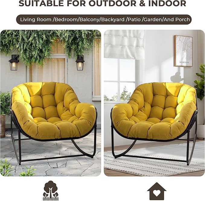 Sgentle Papasan Rocking Chair Outdoor, Oversized Patio Rocking Chair with Cushions & Steel Frame, Wicker Egg Lounge Chair Indoor, Comfy Reading Chair for Patio, Deck, Porch (Yellow, Style 1)
