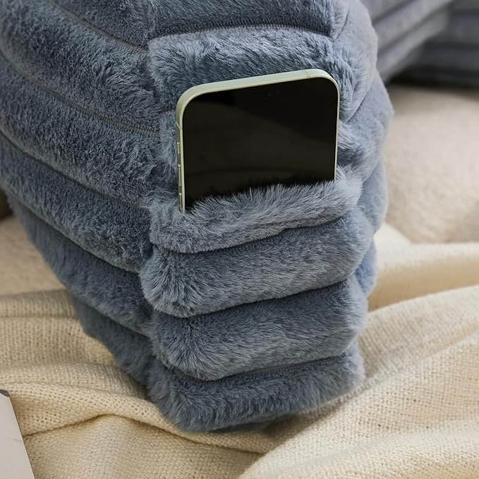 WERDIM Reading Pillow for Sitting in Bed, Faux Fur Back Pillow for Rest, Bed Chair Pillow with Arms and Pockets(XLarge, Dusty Blue)
