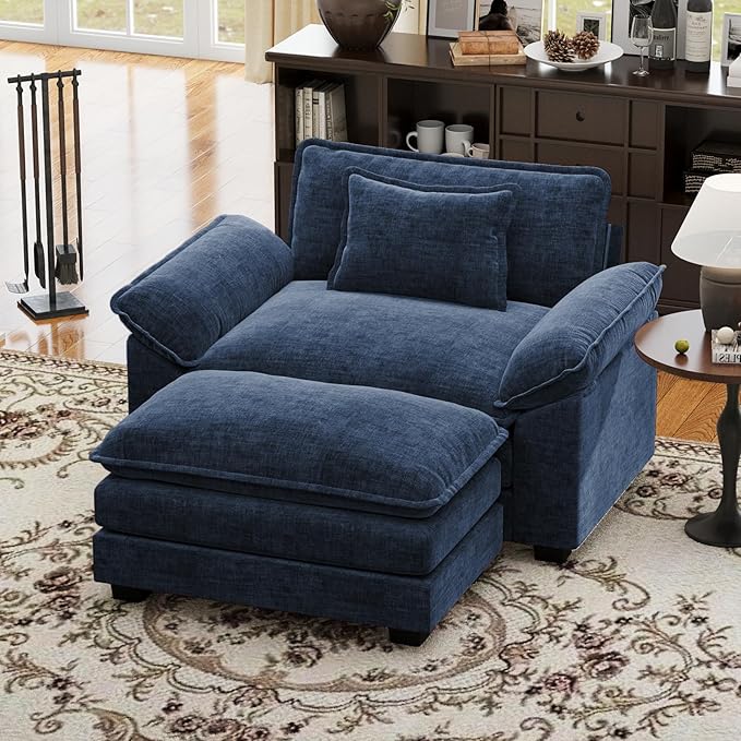 CDCASA 50'' Oversized Chair with Movable Ottoman, Chenille Comfy Cloud Sofa Accent Chair w/Large Seat and Armrests, Modern Extra Wide Armchair Reading Chairs for Living Room, Blue