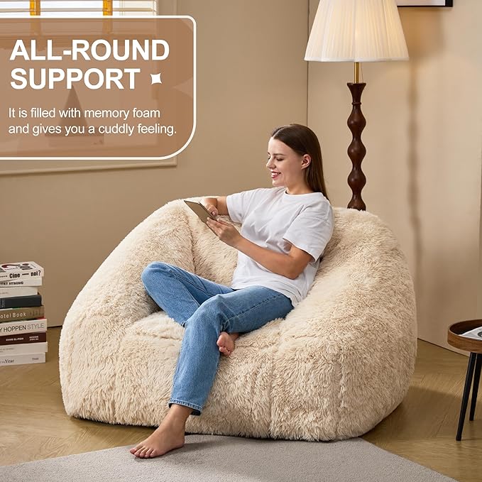 Hobestluk Bean Bag Chairs for Adults Giant Bean Bag Chair with Memory Foam Filling, Adult Beanbag for Bedroom, Living Room (White Plush)