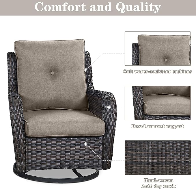 Belord 5 Piece Outdoor Patio Furniture Set - Wicker Furniture Patio Conversation Set, Outdoor Swivel Rocker Chairs with 3-Seater Sofa and 2 Ottomans for Small Space, Gray Cushion