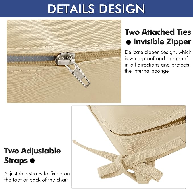Outdoor Chair Cushions 19 x 19 Inch Waterproof Patio Chair Cushions with Tie 5 Year Color Fastness Thick Outdoor Seat Cushion for Garden Lawn Patio Furniture Beige Set of 2