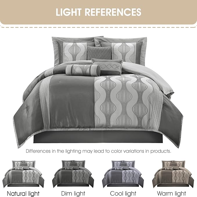 Grand Avenue 7 Piece Grey Comforter Set, Queen Size Jacquard Bedding Set, All Season Geometric Patchwork Bedding Set, Matching Pillows, Shams, Bed Skirt