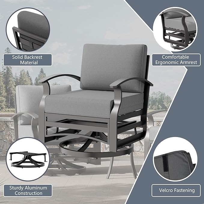 RTDTD Aluminum Outdoor Patio Furniture Set,7 Seats Patio Conversation Sets with Rectangular Coffee Table,Metal Patio Sectional Furniture Set with 2 Swivel Rocking Chairs,Grey