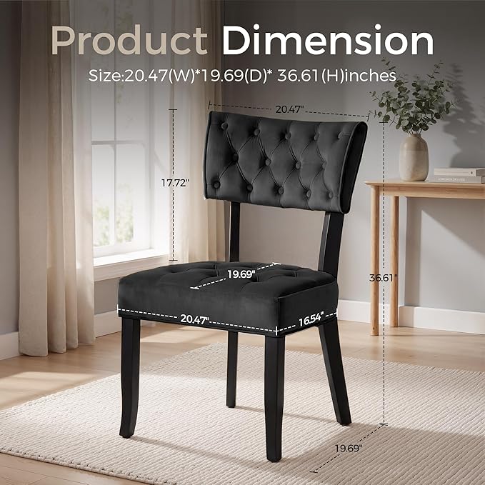 UVV Upholstered Dining Chairs Set of 6, Mid Century Modern Tufted Kitchen Chairs Dining Room Chairs, Velvet Dinner Chair with Wood Legs for Dining Room Kitchen, Black-Black Legs