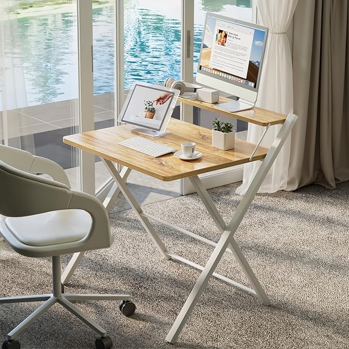GreenForest No Assembly Folding Desk, 2-Tier Compact Computer Desk with Shelf, 30 inch Space Saving Foldable Table for Home Office, Dorm or Apartment, Portable Collapsible Sturdy Laptop Desk, Oak