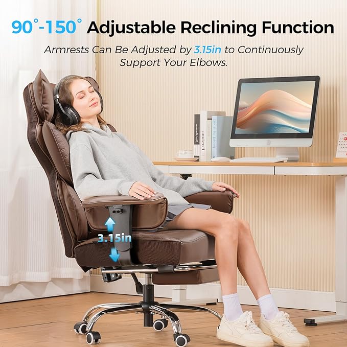 COMHOMA Big and Tall Office Chair 400LBS Wide Ergonomic Gaming Chair with Deluxe Embossing Designed Leather with Foot Rest,150°Reclining Adjustable Armrests Pocket Spring Back Support and Pillow