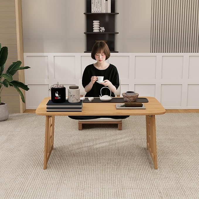 Japanese Floor Table Bamboo Folding Table,Portable Collapsible Tatami Tea Table, No Assembly Foldable Low Table for Sitting on The Floor, Easy Storage (Brown)