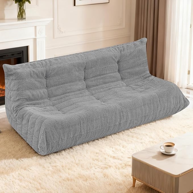 HABUTWAY Bean Bag Chairs Fireside Lazy Floor Sofa, Soft Teddy Fleece 3 Seater Sofa with High-Resilience Foam Filling，Beanbag for Living Room, Bedroom, Office (Light Gray Teddy)