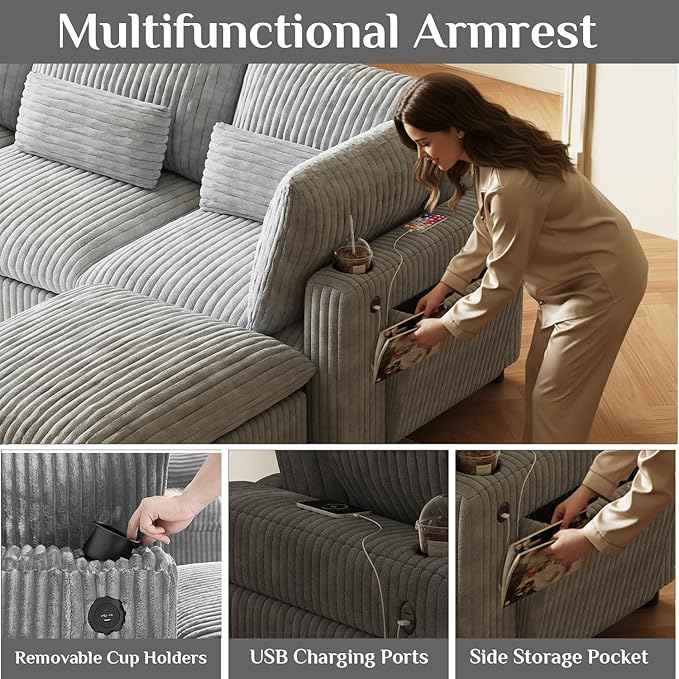 130" W x 67" D U Shape Sectional Sofa with USB Charging & Cup Holder & Storage, 6 Seater Plush Corduroy Couches with Movable Ottoman, Cloud Couch Sofas for Living Room, DIY Combination - Grey