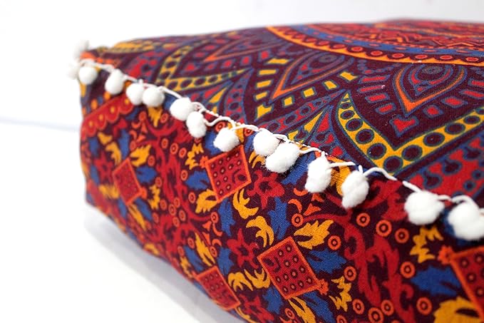 CRAFT KALA Large Hippie Mandala Meditation Floor Ottoman Pillow Cushion Pouf Cover Square Poufs Bohemian Circle Floor Cushion Case Outdoor Fireplace Yoga Living Room Decor Cover New Orange, 16" Square
