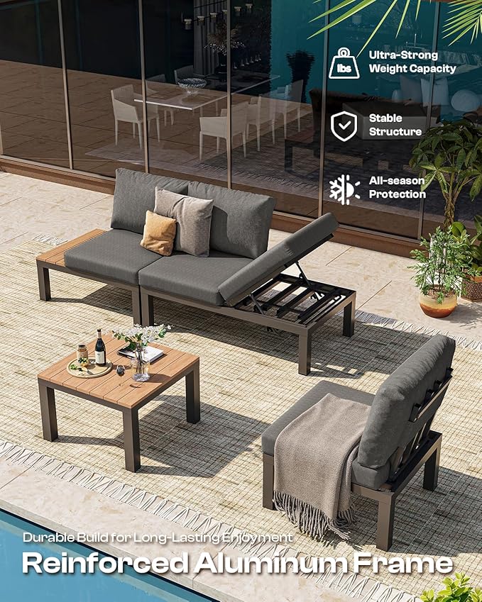 Oasbira Aluminum Outdoor Patio Sofa Set, 2 Seats Modular Sectional Reclining Loveseat Sofa with Adjustable Backrest & Removable Cushions, All-Weather Conversation Sets for Garden & Yard, Graphite