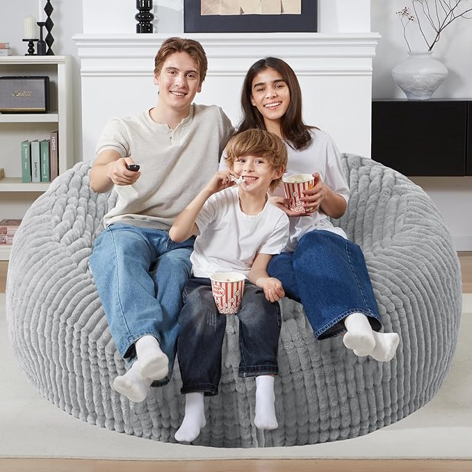 Homguava 5 FT Bean Bag Chair,5' Big Bean Bag,Giant Bean Bag Chairs for Adults with Memory Foam Filled,Comfy Large Beanbag Chairs Soft Bean Bag Sofa with Dutch Corded Plush Cover-Light Grey