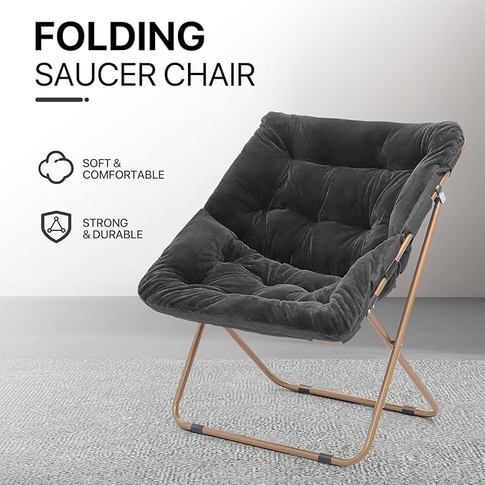 Athena Collection Saucer Chair for Adult, Square Comfy Cozy Chair Folding Chair Faux Fur Metal Frame Foldable Reading Chair Accent Chair for Bed Room Living Room, Black