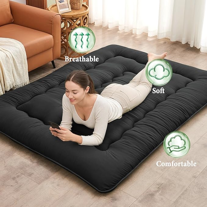 DAICO Japanese Floor Mattress, 4'' Thicken Futon Mattress Tatami Mat, Sleeping Pad Foldable Roll Up Mat for Camping and Guest Room, Full Size 54''*80'', Black