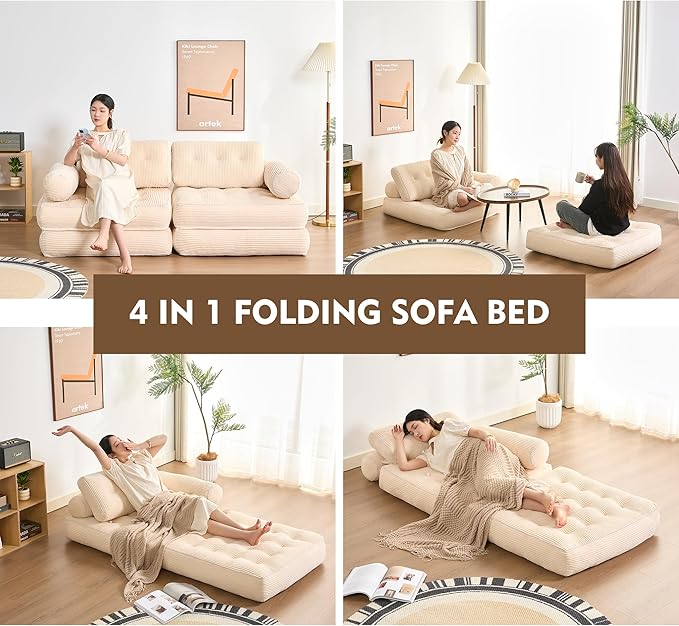 Plus Futon Sofa Bed for Small Spaces, Floor Couch with Armrest, Folding Sofa Couch, Convertible Sleeper Chair Bed with Pillow, Portable Comfy Floor Lounge for Living Room and Bedroom,White