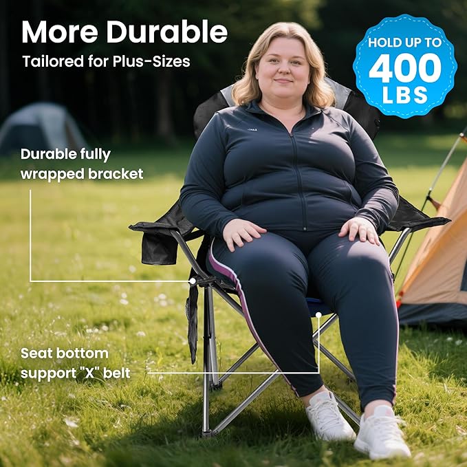 Foristrail 2 Pack Folding Camping Chairs for Adults - High Back Padded Outdoor Lawn Chairs with Lumbar Support & Cup Holder, 400lbs Heavy Duty Portable Camping Chairs Set (Light Black & Gray, 2 PCS)