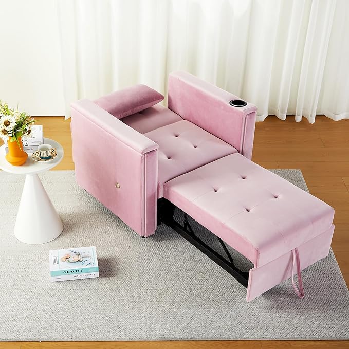 Velvet Convertible Chair Bed, 3 in 1 Multi-Functional Lounge Chair Sleeper, Pull Out Couch Guest Bed with Hidden Table and Adjustable Backrest for Living Room Small Space Apartment (Pink)