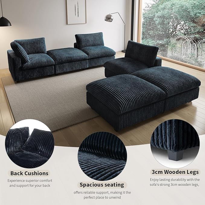 Cloud Modular Sectional Sofa,157" Oversized 7 Seater Sofa,V Shaped Couch with Storage Ottoman,Plush Sofas for Living Room,Comfy Couch with Chaise,Covers Washable&Replaceable (Black)