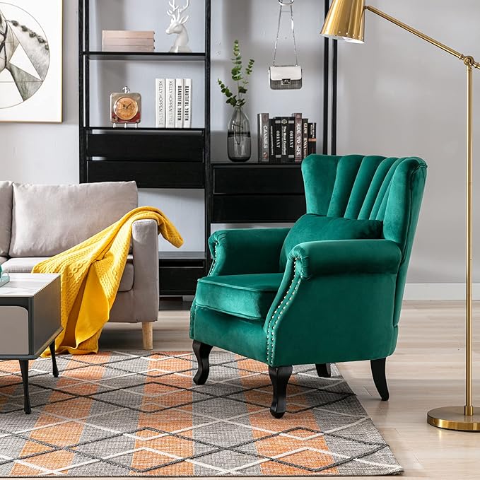 LZAREAL Accent Reading Arm Chairs Midcentury Modern Comfy Corner Sofa Chair, Wingback Waiting Room Club Chair with Tufted Back for Living Room/Bedroom/Reception Room, Velvet Green