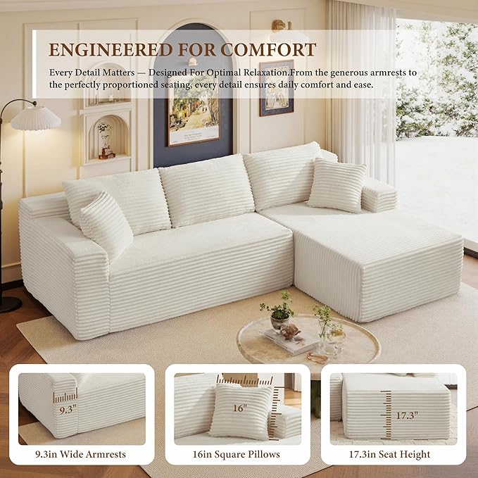 105" Sectional Couches for Living Room Cloud Couch Sofa with L-Shape Upholstered Boneless Couchs Modern Modular Sectional Couch with Chaise (White, 105" W+Right Facing Chaise+2Seaters)
