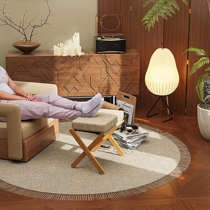 Foldable Foot Stool Ottoman, Modern Foot Rest with Bamboo X Legs & Thick Foam Cushion, Folding Foot Stools Small Padded for Bedroom Living Room, Footstool for Chair Couch (Natural - Brown)