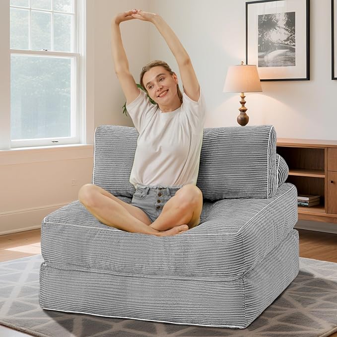 HABUTWAY Folding Sofa Bed, Convertible Sleeper Chair Bed w/Dual-Pillow & Handle, Foldable Floor Sofa Lounge w/Back Support for Living Room, Bedroom, Apartment, Office, Single, Light Grey