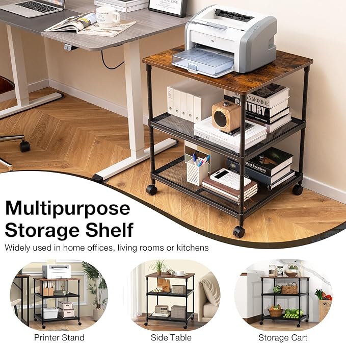 Giantex Printer Stand, 3-Tier Industrial Printer Cart with Lockable Wheels, Adjustable Shelves, Metal Frame, Mobile Under Desk Shelf for Home Office, Printer Table Fit Fax Machine, Scanner (Brown)
